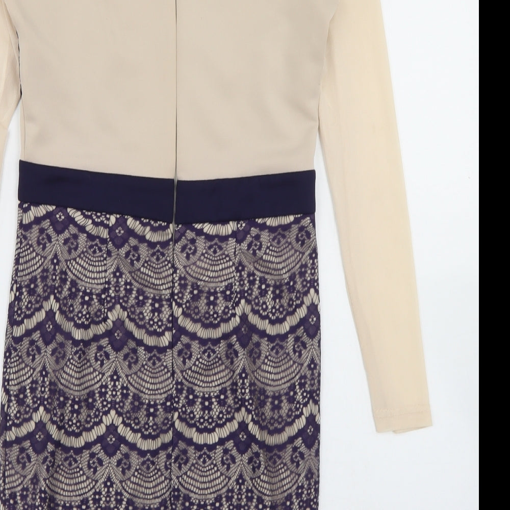 Boohoo Womens Beige Polyester Pencil Dress Size 10 Round Neck Zip - Lace