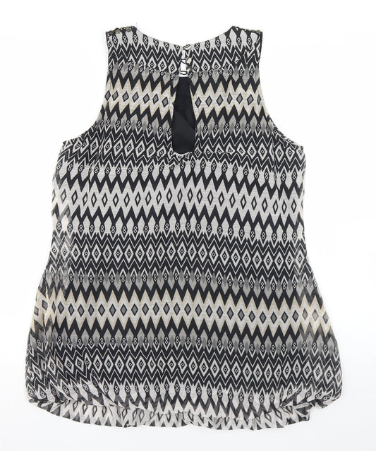 Back view of E-vie women’s black argyle/diamond polyester basic blouse, size UK 12, round neck