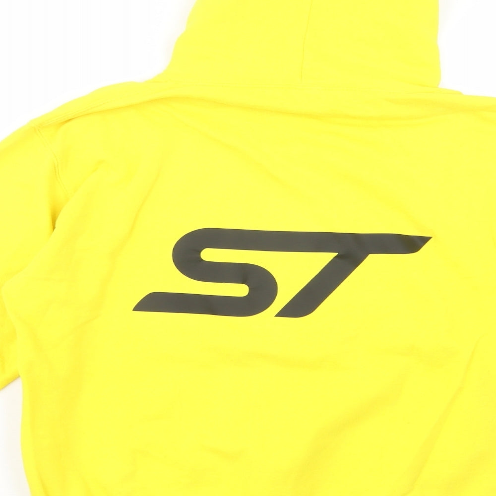 Brand and care label for Awdis women’s yellow cotton pullover hoodie, size M, pullover