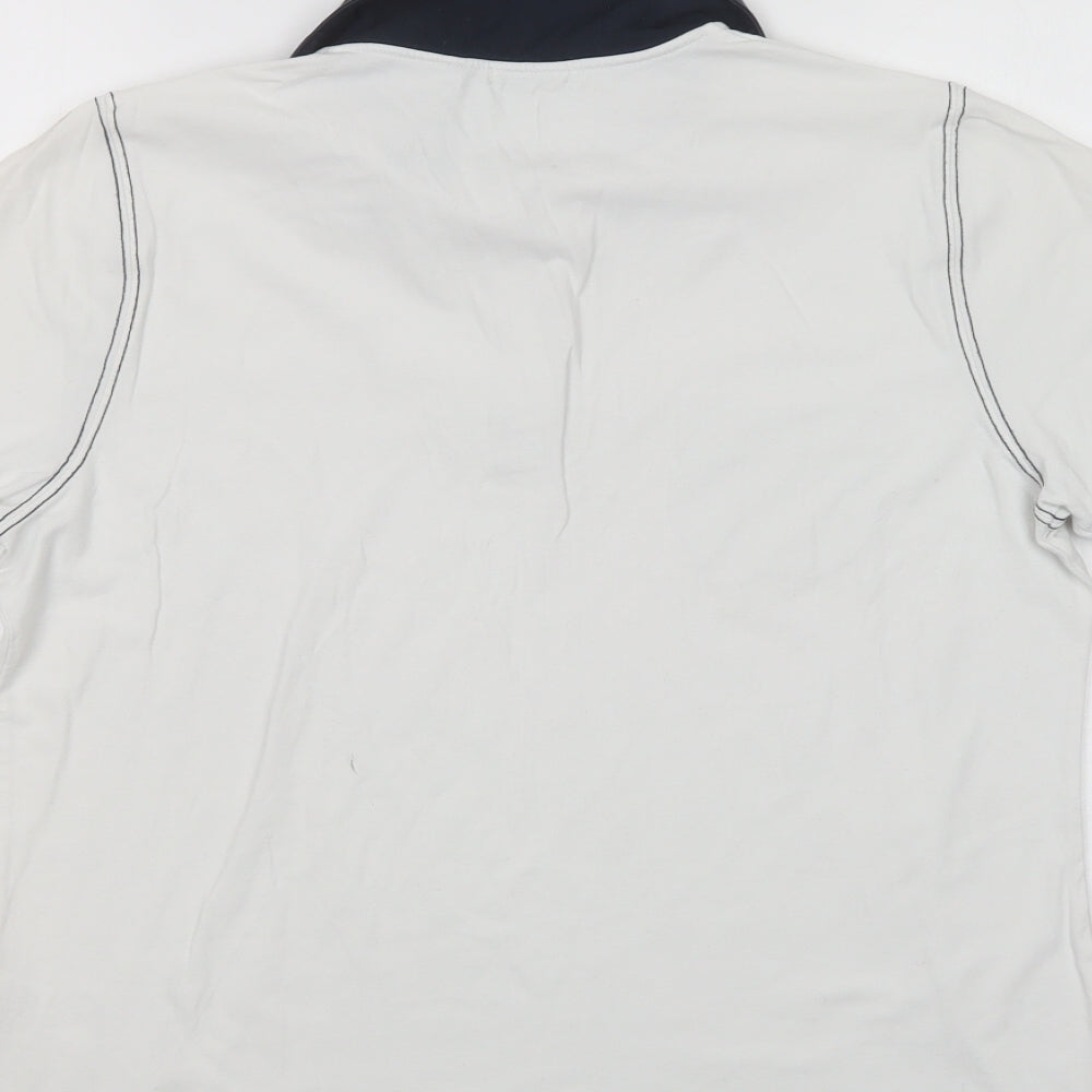 Brand and care label for One Up Golf women’s white cotton basic polo, size L, collared
