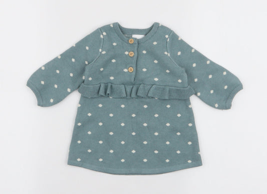 NEXT Girls Blue Polka Dot Viscose A-Line Size 0-3 Months Round Neck Button