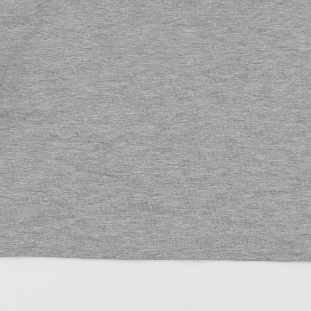 Brand and care label for Boohoo women’s grey striped polyester pullover sweatshirt, size UK 12, pullover