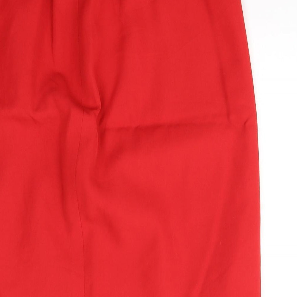 Brand and care label for Gerry Weber women’s red polyester a-line skirt, size UK 12, zip