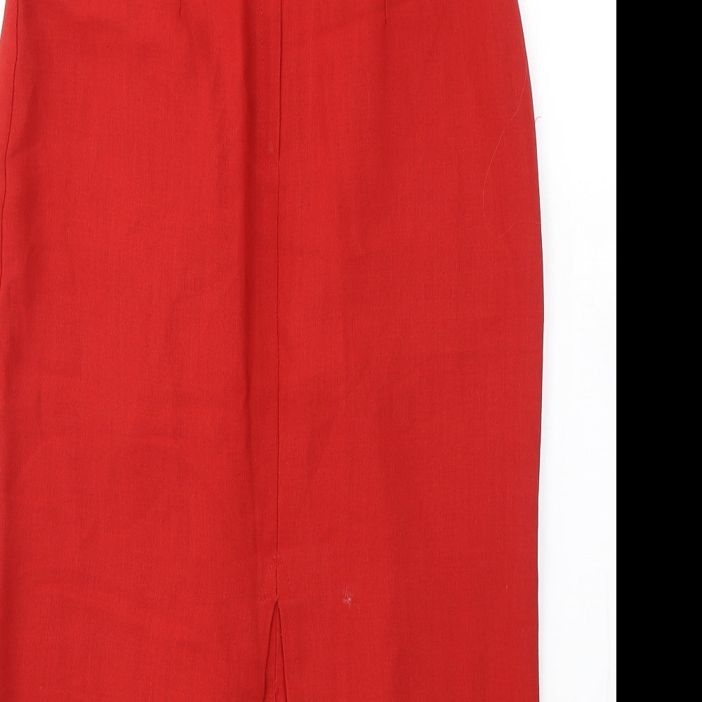 Brand and care label for C&A women’s red polyester a-line skirt, size UK 12, zip