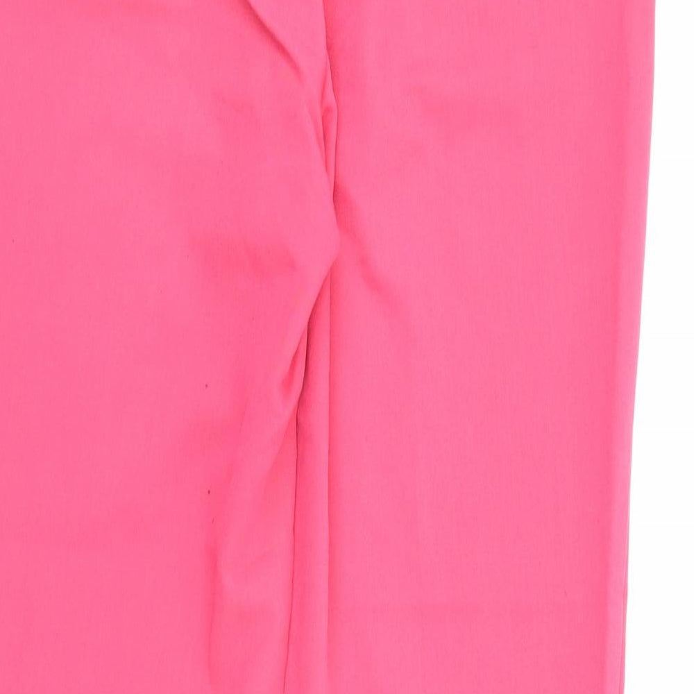 Brand and care label for F&F women’s pink polyester carrot trousers, size UK 8, 26-inch leg regular zip