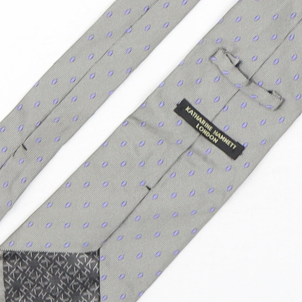 Brand and care label for Katharine Hamnet men’s grey polka dot silk pointed tie one size