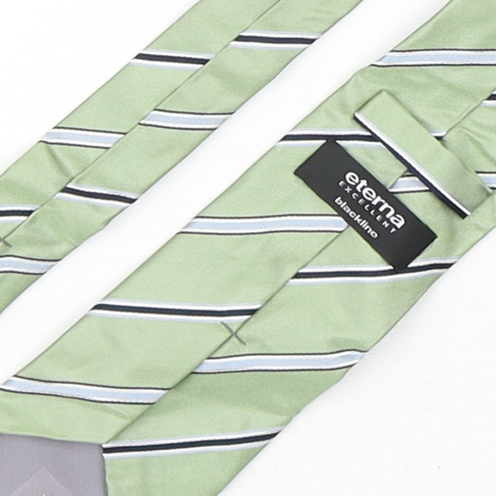 Brand and care label for Eterna men’s green striped silk pointed tie one size