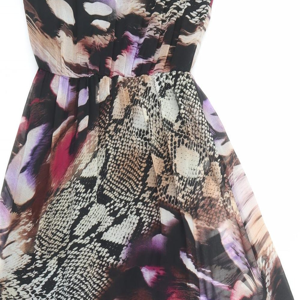 Brand and care label for Oh My Love women’s black animal print polyester tank dress, size XS, scoop neck pullover
