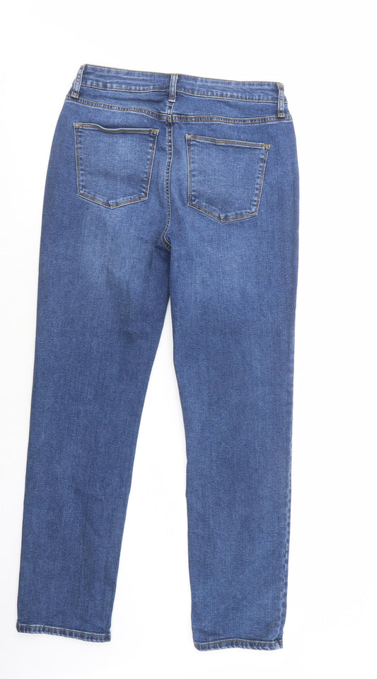 Back view of Very women’s blue cotton straight jeans, size UK 29, in, 31-inch leg regular button