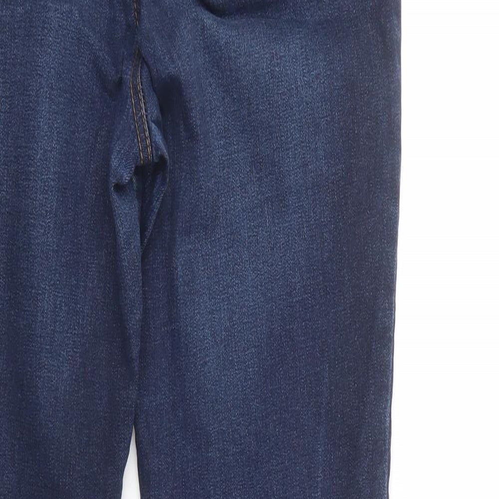 Brand and care label for Tu women’s blue cotton skinny jeans, size UK 8, 28-inch leg regular button
