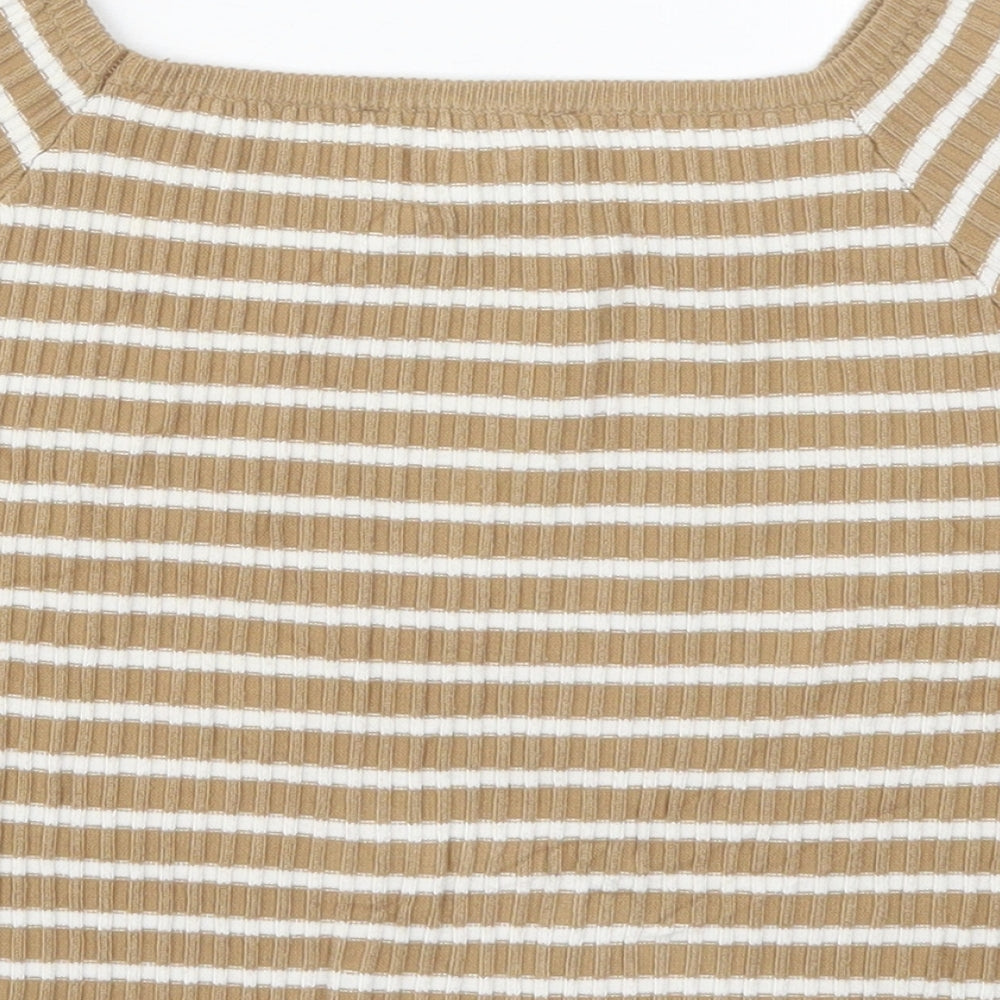 Rosario Womens Beige Striped Polyester Cropped T-Shirt Size M Square Neck