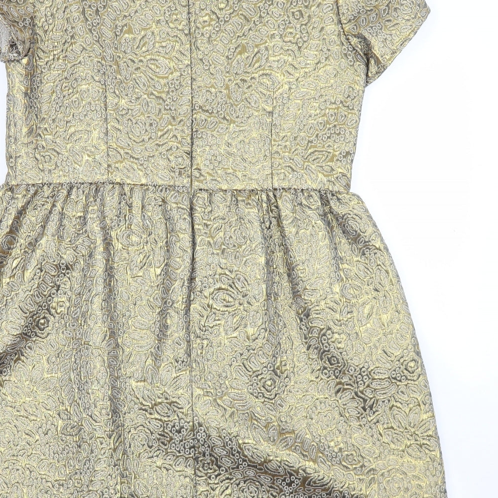 Marks and Spencer Womens Gold Paisley Cotton Skater Dress Size 14 Crew Neck Zip