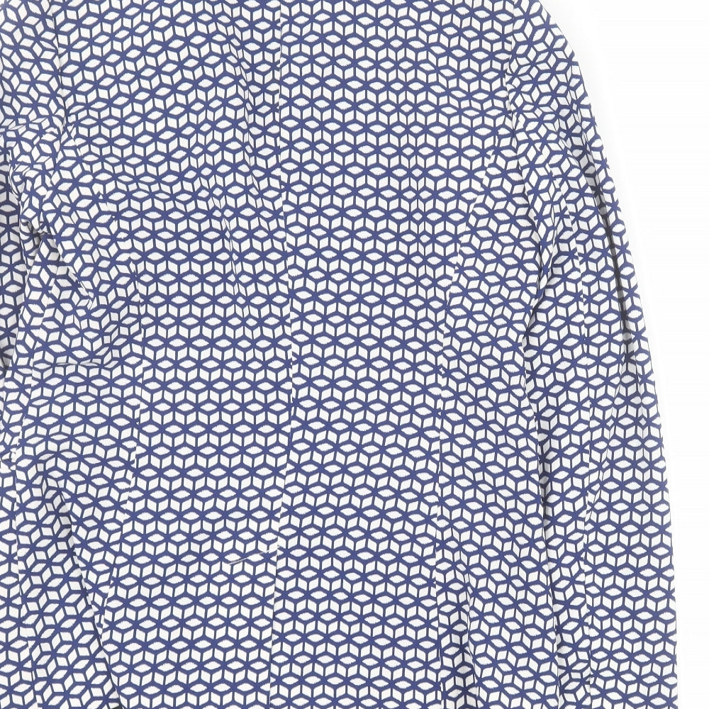 Brand and care label for Spirit women’s blue geometric jacket blazer, size UK 12, button