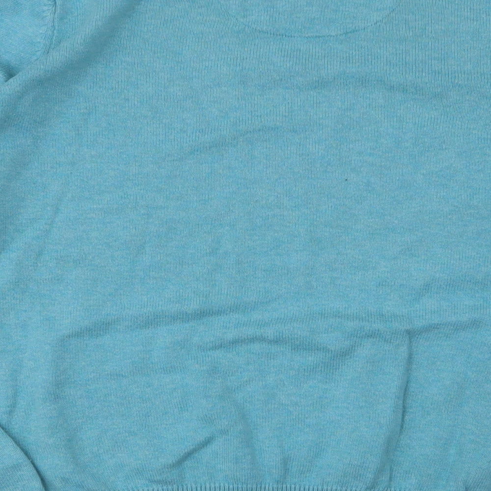 Brand and care label for Marks & Spencer men’s blue v-neck cotton jumper, size M