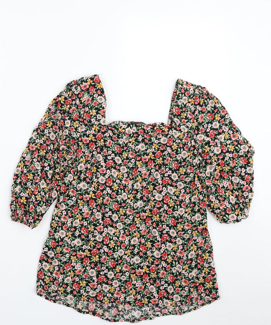 F&F Womens Black Floral Viscose Basic Blouse Size 6 Square Neck