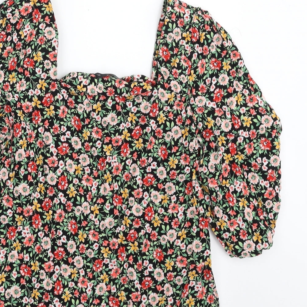 F&F Womens Black Floral Viscose Basic Blouse Size 6 Square Neck