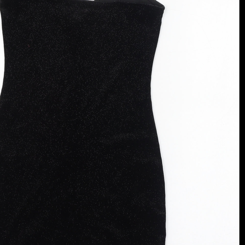 Brand and care label for H&M women’s black polyester pencil dress, size S, v-neck pullover