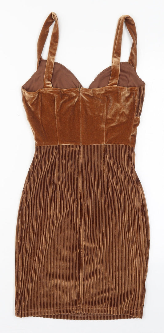 Back view of Naanaa women’s brown polyester mini, size UK 6, square neck zip