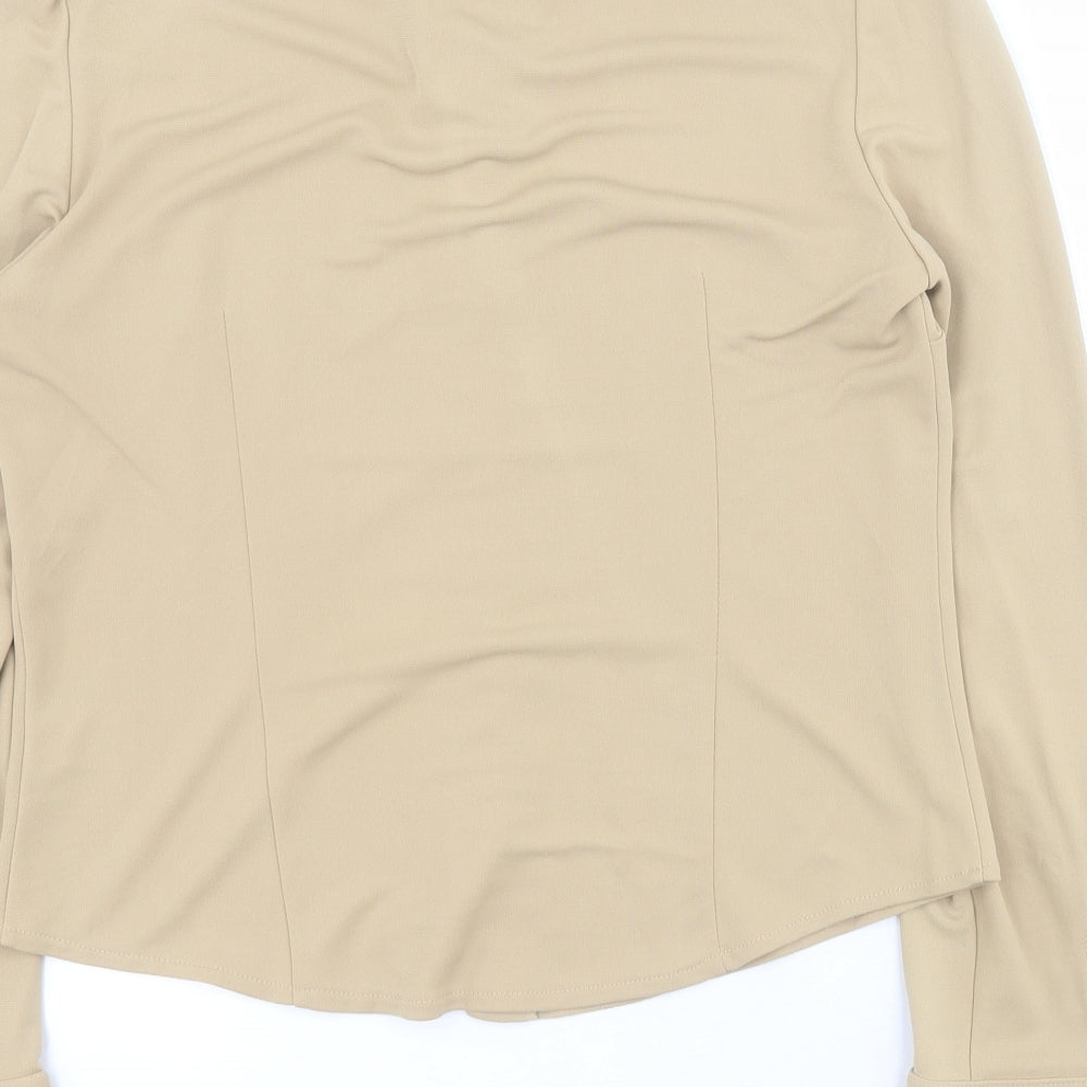 Brand and care label for Debenhams women’s brown viscose basic button-up, size UK 12, collared