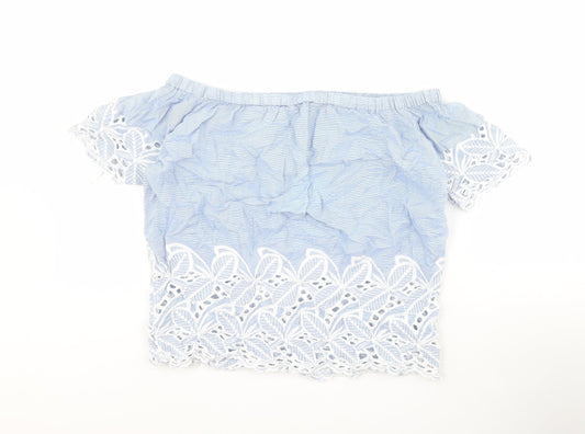 F&F Womens Blue Striped 100% Cotton Basic Blouse Size 8 Off the Shoulder