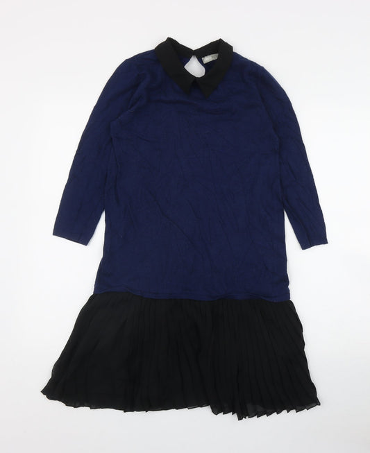 Additional front view of ASOS women’s blue cotton jumper dress, size UK 6, collared button