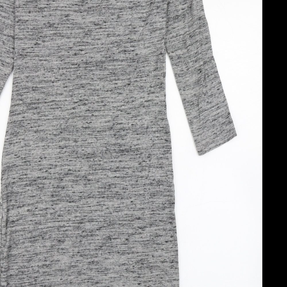 Brand and care label for H&M women’s grey cotton t-shirt dress, size S, round neck pullover