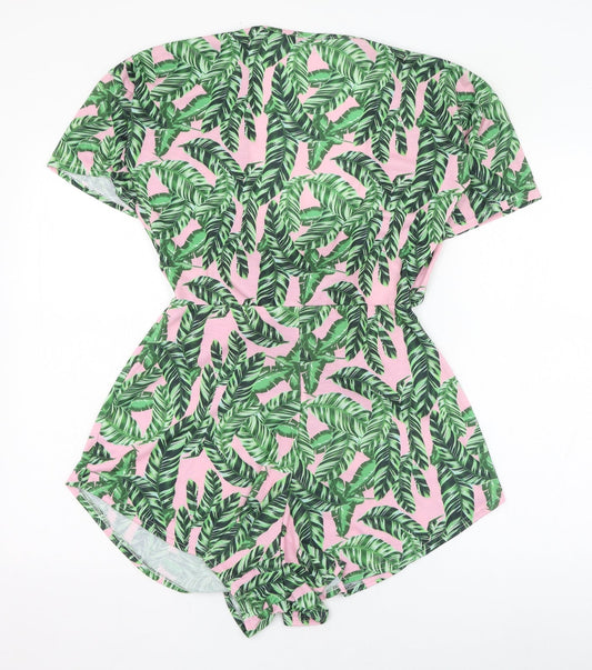 PRETTYLITTLETHING Womens Green Floral Polyester Playsuit One-Piece Size 12 Tie