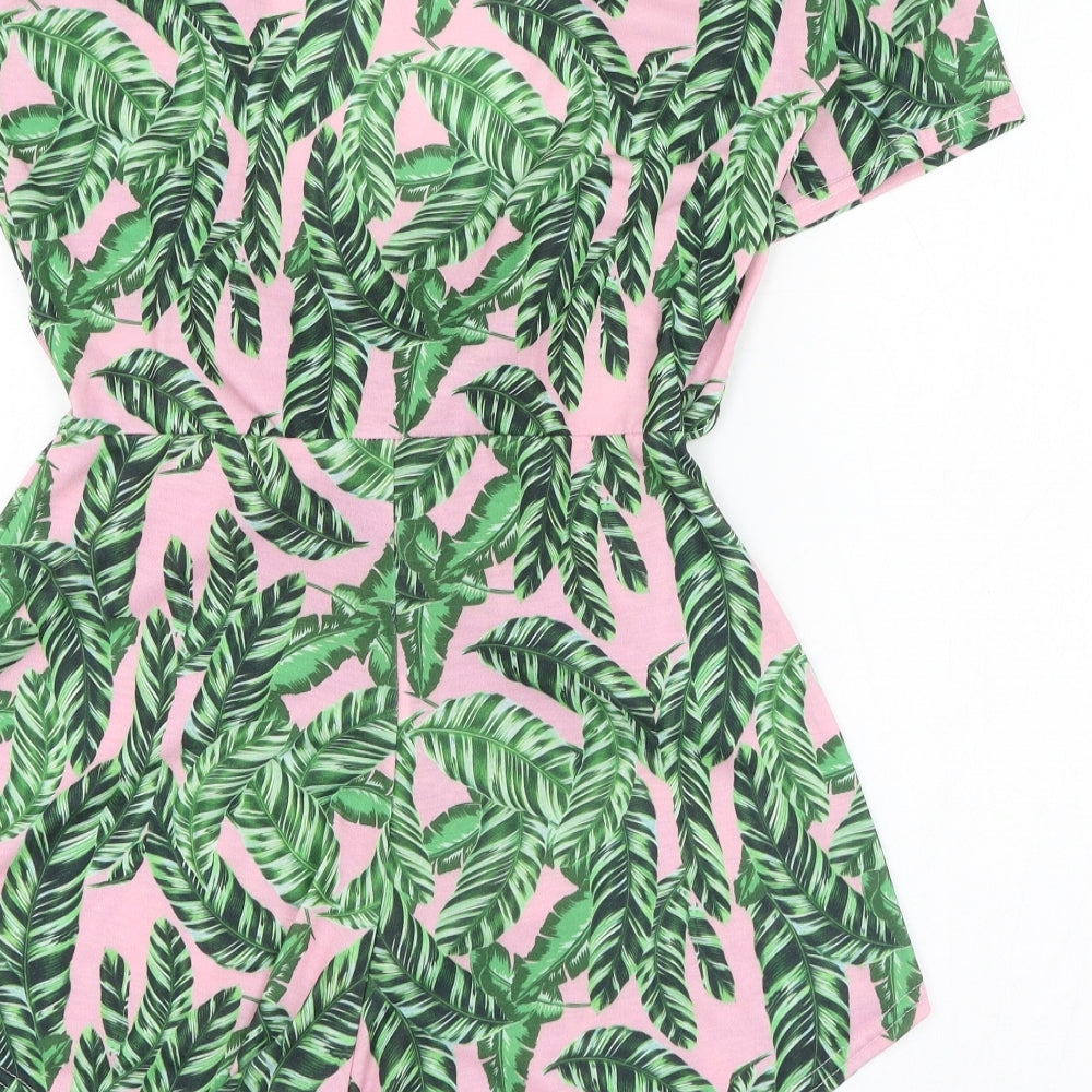 PRETTYLITTLETHING Womens Green Floral Polyester Playsuit One-Piece Size 12 Tie