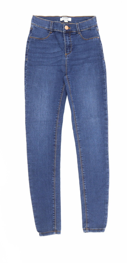 Additional front view of Dorothy Perkins women’s blue cotton skinny jeans, size UK 8, 28-inch leg regular button