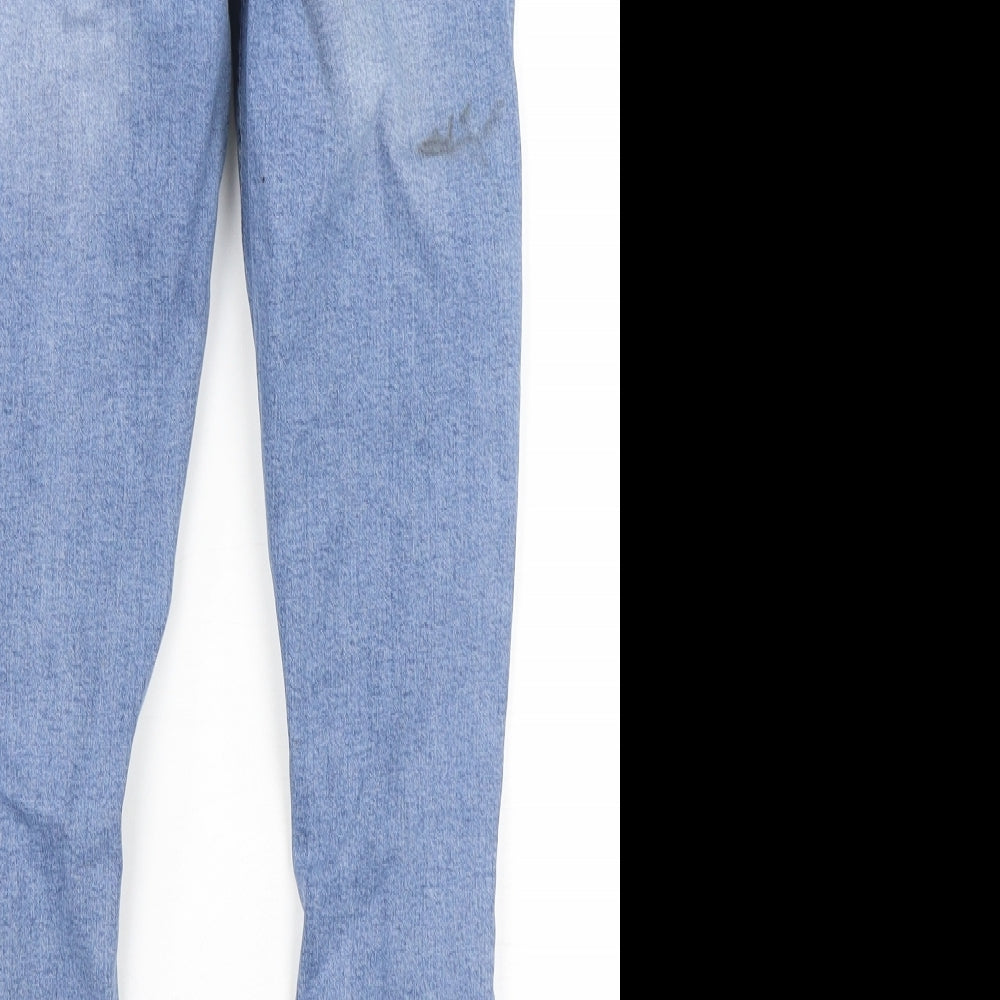 Brand and care label for Topshop women’s blue cotton skinny jeans, size UK 28, in, 26-inch leg regular