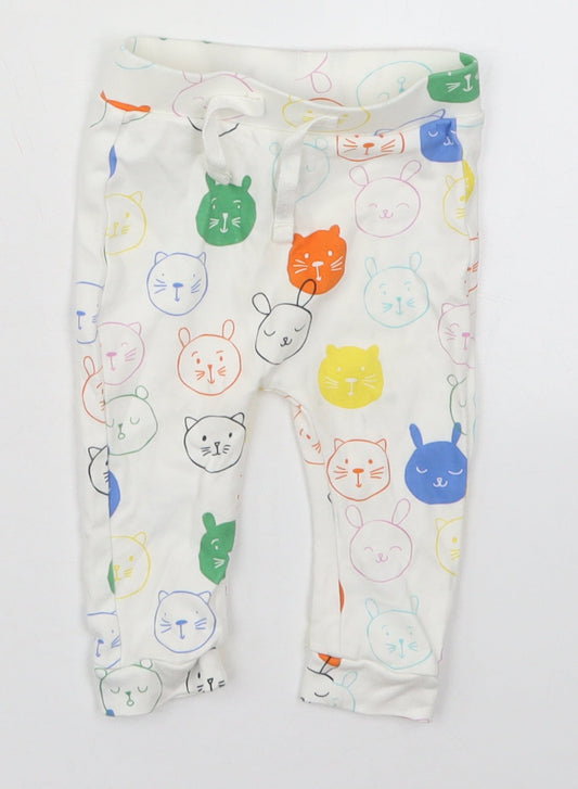 George Baby White Cotton Sweatpants Trousers Size 6-9 Months Drawstring - Cats Rabbits