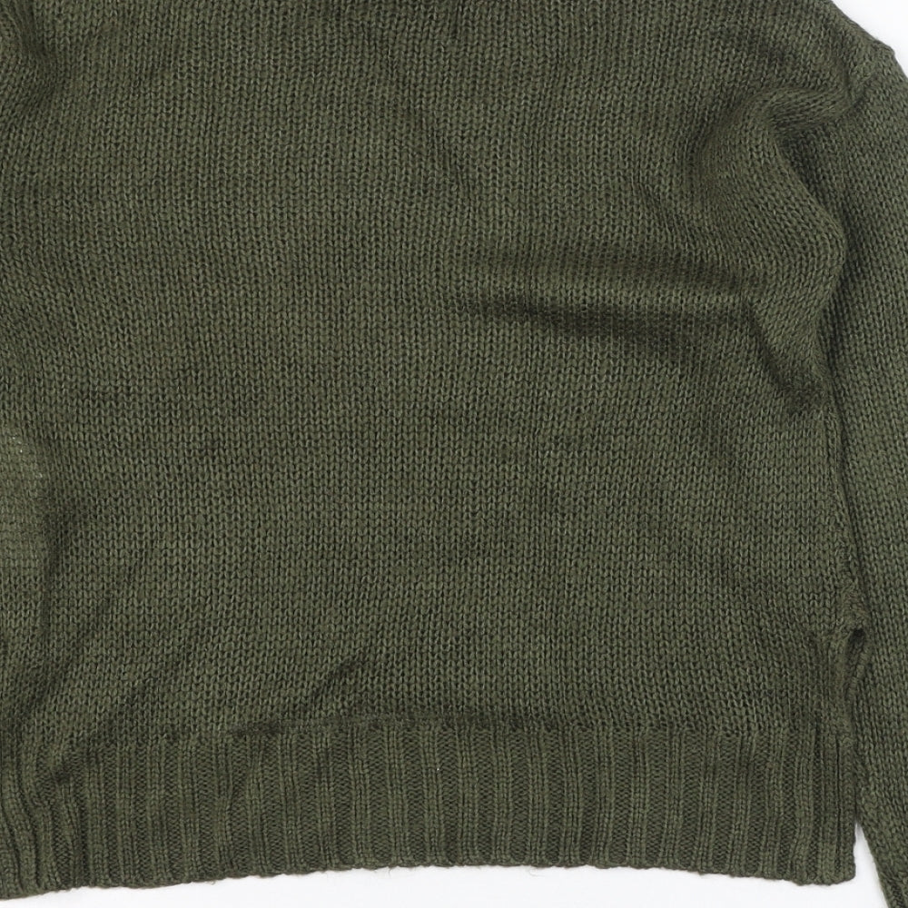 Brand and care label for New Look girls’ green round neck acrylic jumper, size 12-13, years pullover