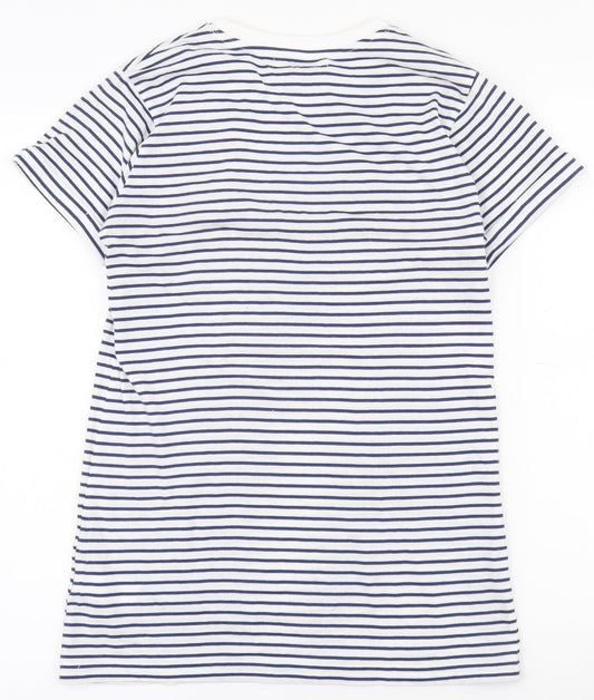 Primark Womens White Striped 100% Cotton Basic T-Shirt Size 6 Round Neck