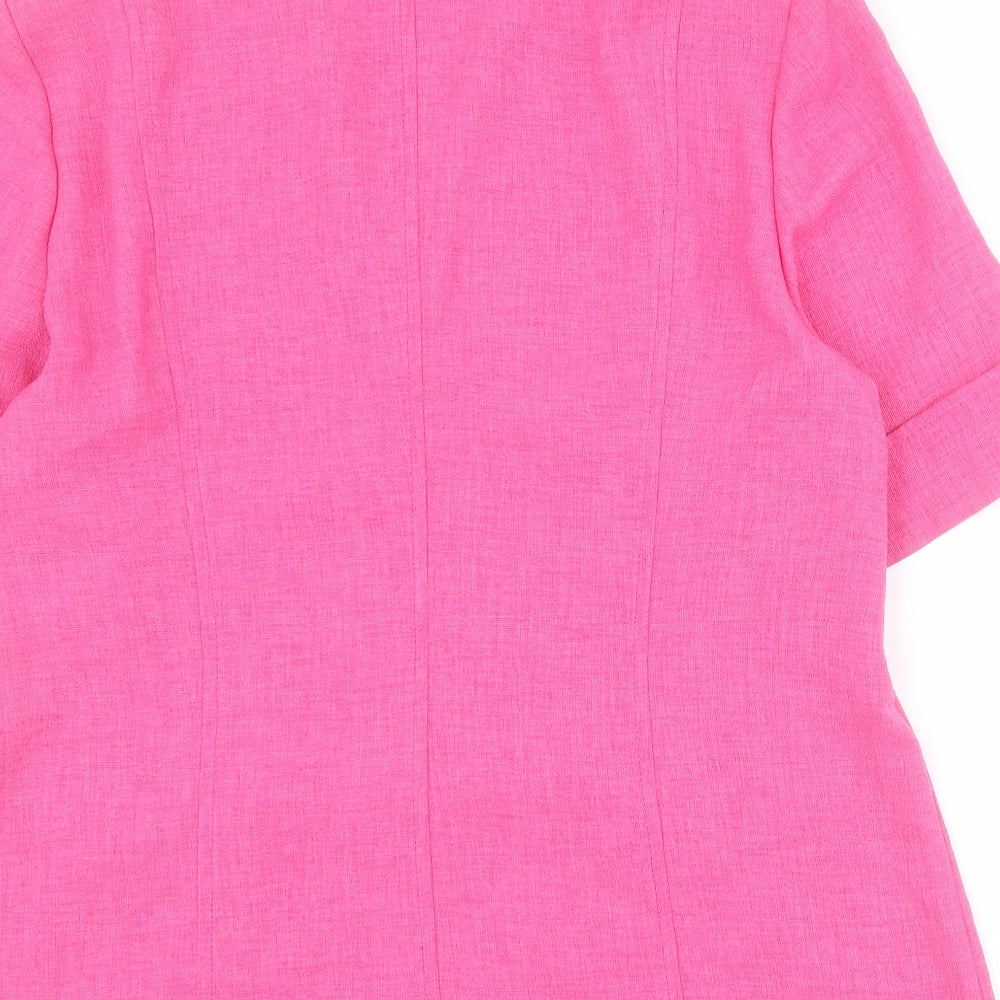 Brand and care label for Eugen Klein women’s pink polyester basic button-up, size UK 16, collared