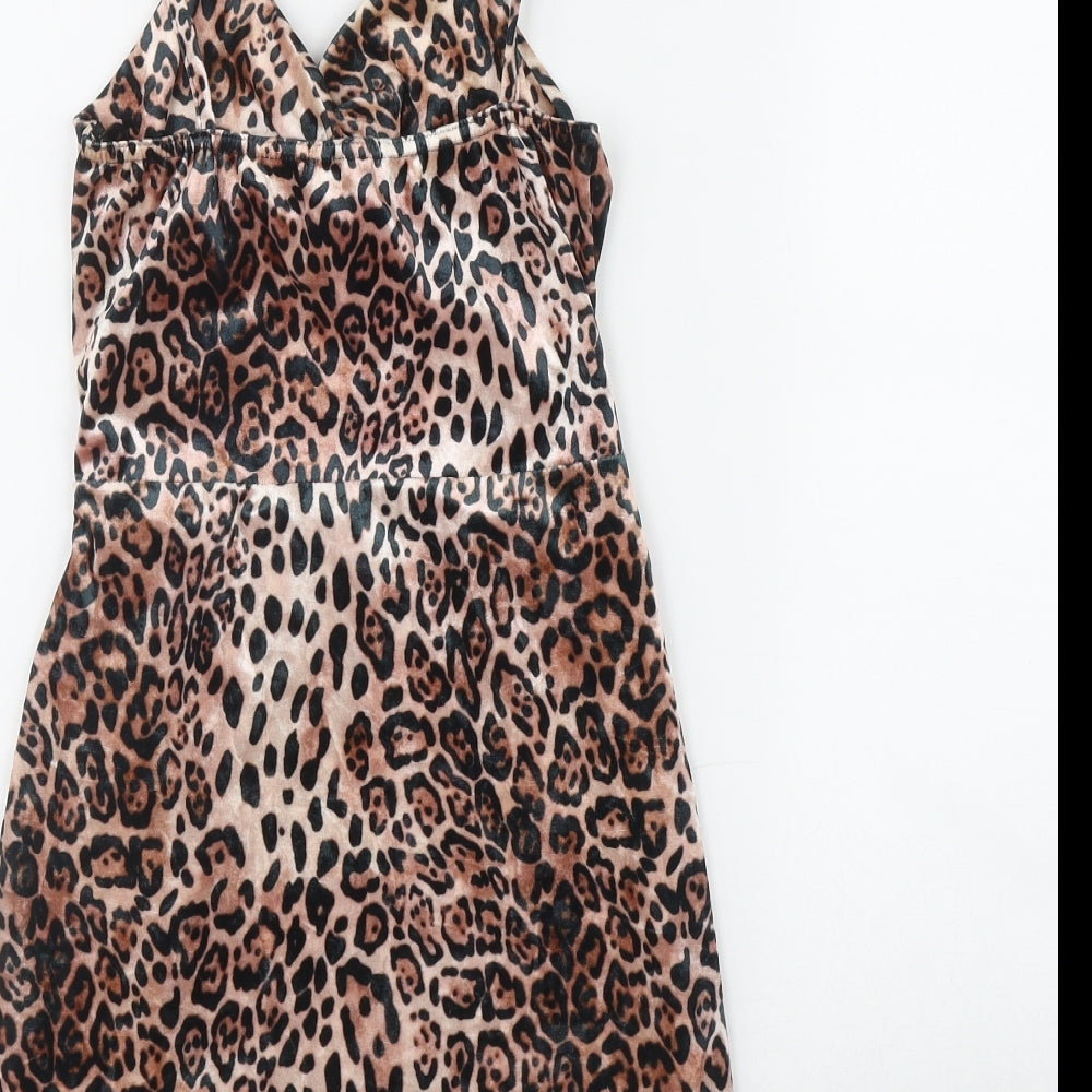 IX London Womens Brown Animal Print Polyester Bodycon Size 8 V-Neck Pullover