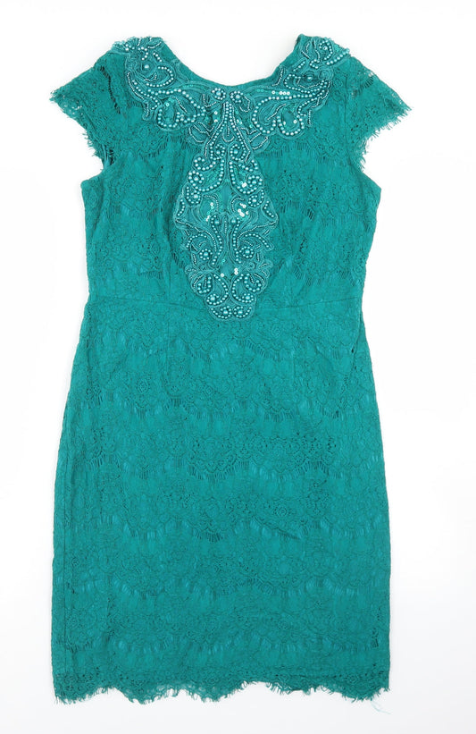 Additional front view of Darling women’s green nylon pencil dress, size UK 12, round neck zip