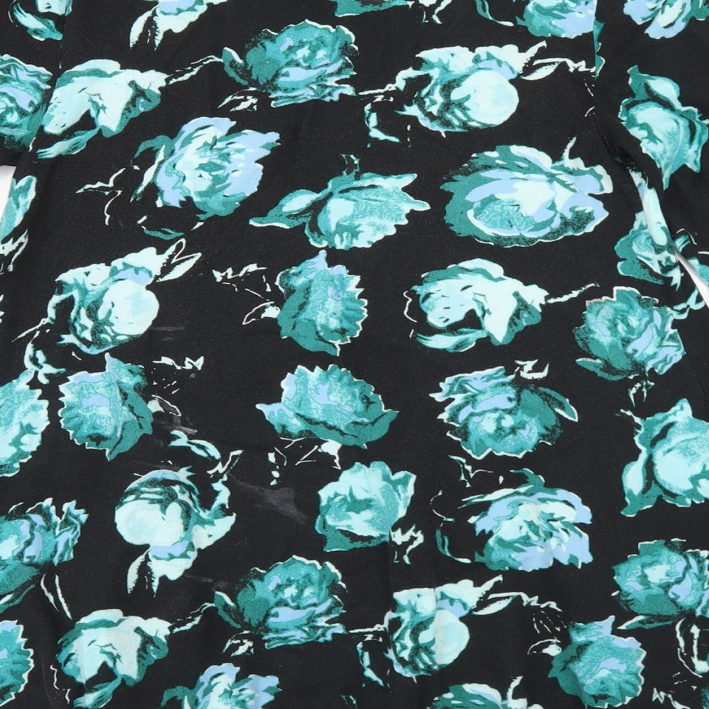 Brand and care label for MINKPINK women’s black floral viscose trapeze & swing, size M, round neck - flare sleeve