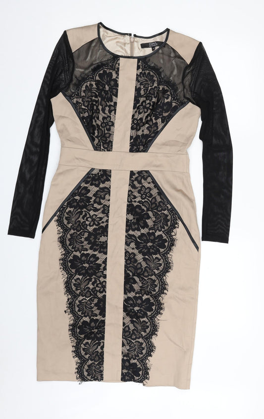 Additional front view of Julien Macdonald women’s beige floral polyester sheath, size UK 10, scoop neck zip