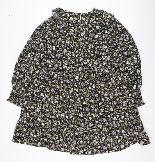 Primark Womens Black Floral Polyester Trapeze & Swing Size 8 Round Neck Button - Smock