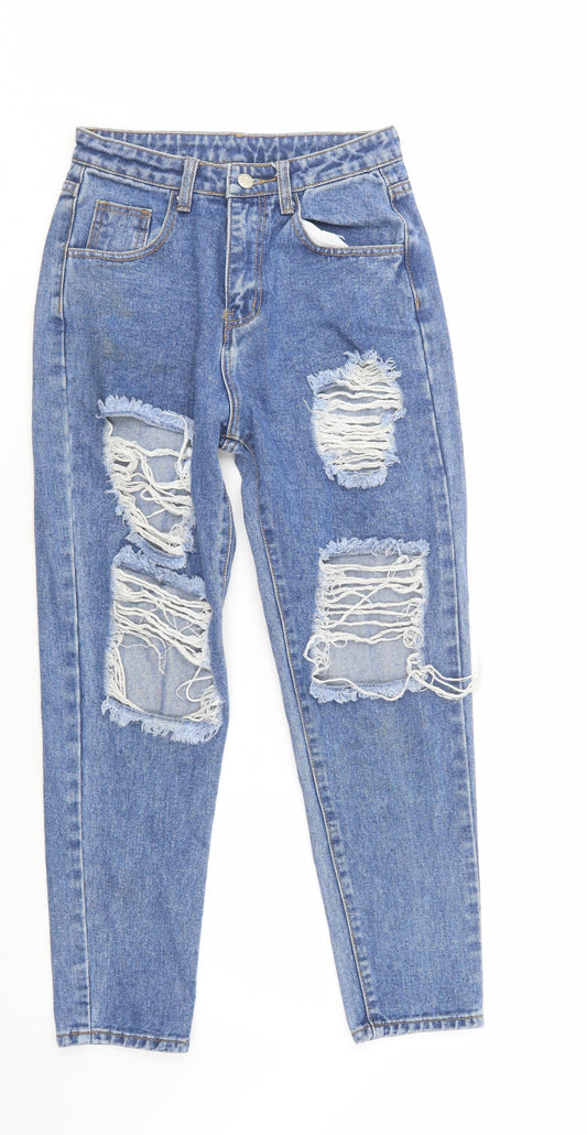 Additional front view of SHEIN women’s blue cotton tapered jeans, size XS, 27-inch leg regular button