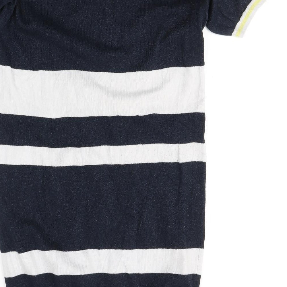 Brand and care label for Next women’s blue striped cotton jumper dress, size UK 10, v-neck pullover