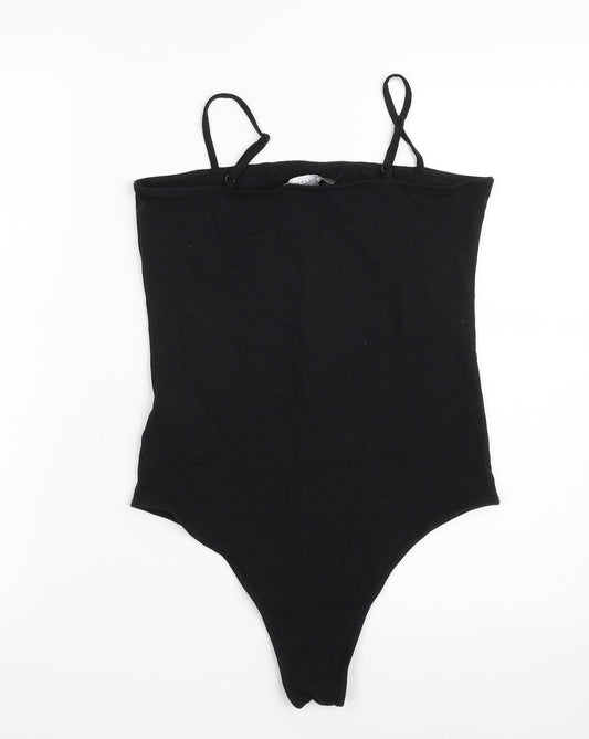 Back view of Primark women’s black cotton bodysuit one-piece, size UK 10, snap - item length -25in