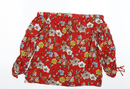 F&F Womens Red Floral Viscose Basic Blouse Size 14 Off the Shoulder - Tie