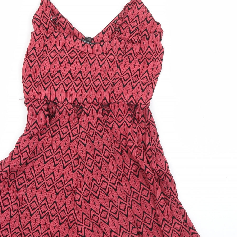 Brand and care label for Topshop women’s red geometric viscose playsuit one-piece, size UK 6