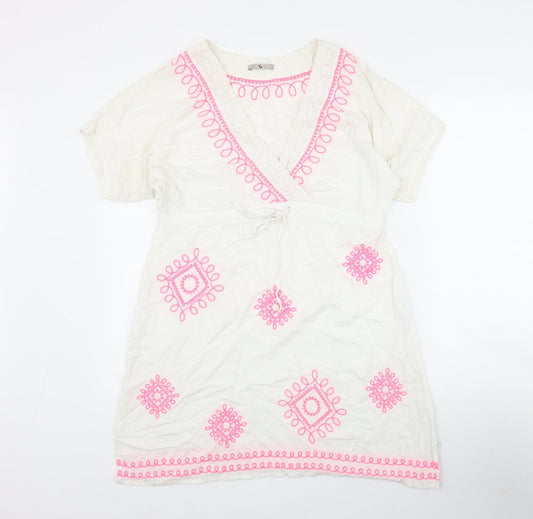 Additional front view of Tu women’s white viscose kaftan, size S, v-neck tie - embroidered