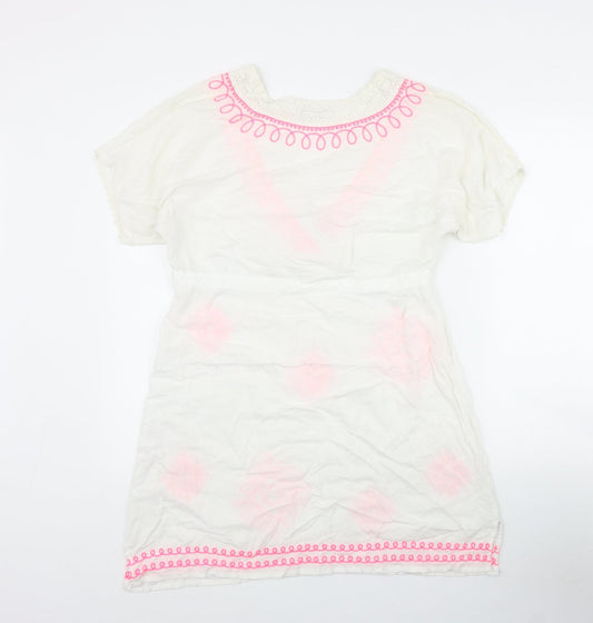 TU Womens White Viscose Kaftan Size S V-Neck Tie - Embroidered