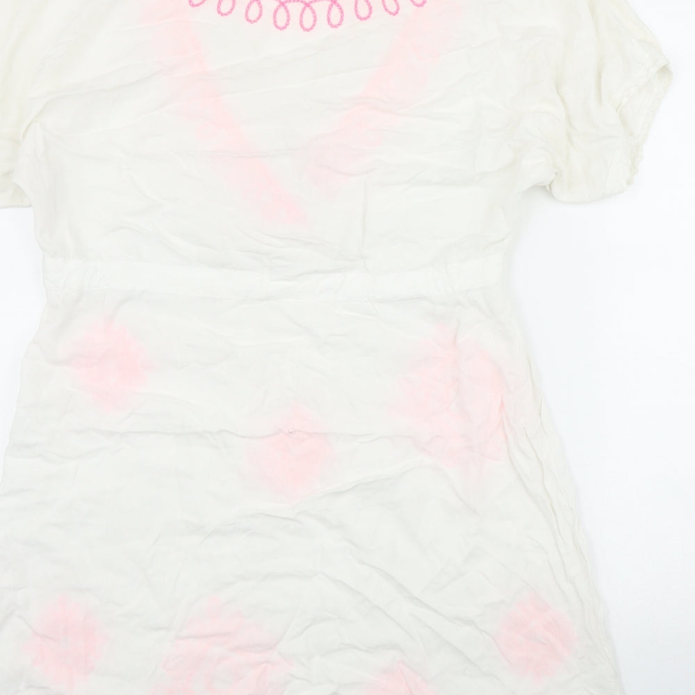 TU Womens White Viscose Kaftan Size S V-Neck Tie - Embroidered