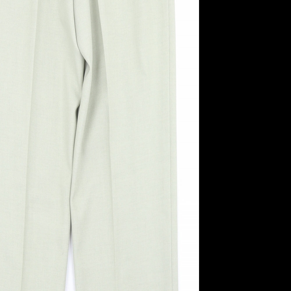 Brand and care label for Classics women’s green polyester dress pants trousers, size UK 12, 26-inch leg regular button