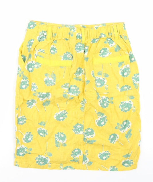 NEXT Womens Yellow Floral Linen Straight & Pencil Skirt Size 6   Button