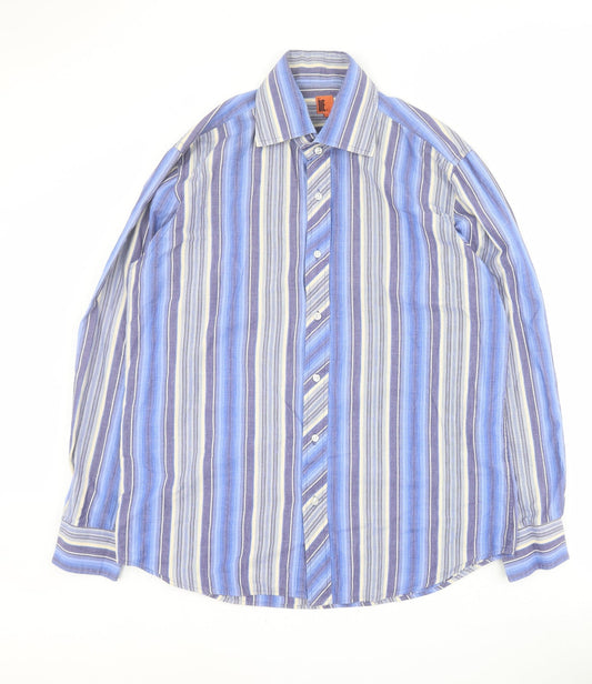 Additional front view of 2 Die 4 men’s blue striped cotton button-up, size L, collared button